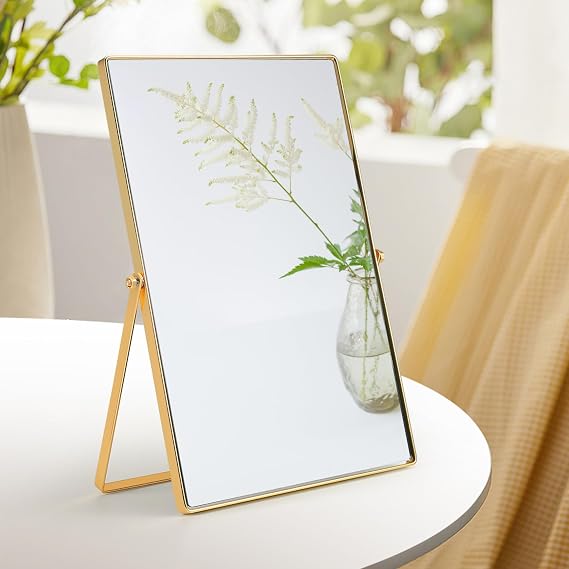 Mirror For Dressing Table, Metal Frame Portable Swivel Tabletop Mirror, Countertop Mirrors With Stand, Modern Makeup Mirror for Bedroom, Bathroom or Desk (Gold+Rectangle)