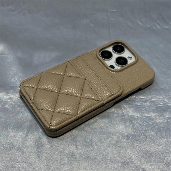 For iPhone 14用 高級カードポケットウォレットレザー携帯ケース トレンディな格子模様のカードスロット マットカバーFor iPhone 14用/キャメル