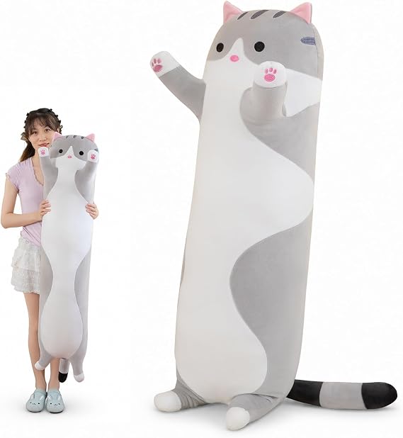 AMOZO Long Cat Plush Pillows, Cute Cat Stuffed Animal Kitten Soft Huggable Cat Plush Toys Pillow for Kids and Adults, 1pcs, 130cm/Grey