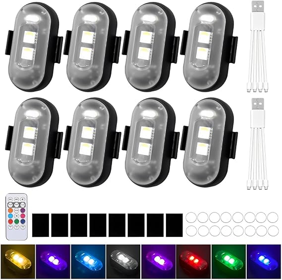 Wireless Led Strobe Light, 8 Pcs Drone Flashing Lights, Waterproof Led Drone Strobe Lights with 8 Colors and Remote Controls, Anti-Collision Footwell Strobe Led Lights for Car Motorcycle Scooter [Energy Class A+++]