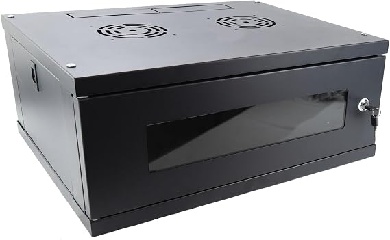kenable 4U Wall Mounted 19 Inch Rack Data Cabinet Flat Pack Lockable Glass Door Black 450mm Deep 550x450x230mm