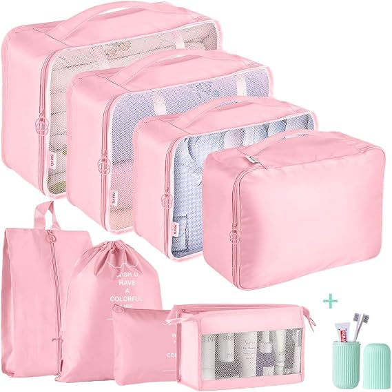 Packing Cubes for Suitcase,Geediar 9 PCS Travel Luggage Packing Organizers Waterproof Travel Essentials Bag Clothes Shoes Cosmetics Toiletries Bags(d-Pink)