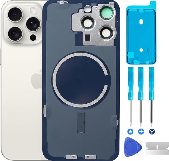 バックガラス iPhone 15 Pro Max用 交換用 リアバックカバー ガラス 防水 カメラレンズ+プロフェッショナル修理ツールキットホワイトチタン