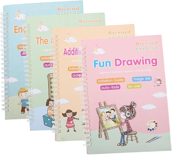 Happyyami Calligraphy Practice Book for Children with Groove Design and Pen Included, White Cardboard Writing Training Copybook for Fluent and Beautiful Handwriting, Toddler Writing