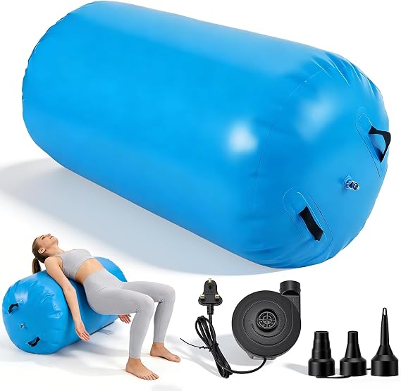 Inflatable Air Roller Gymnastics Barrel, 100 x 60cm(23.6X39.4in) Gymnastics Tumbling Roller Barrel for Backhandspring, Yoga, Cheerleading Training, Home Gym Balance Equipment with Electric Pump, Blue