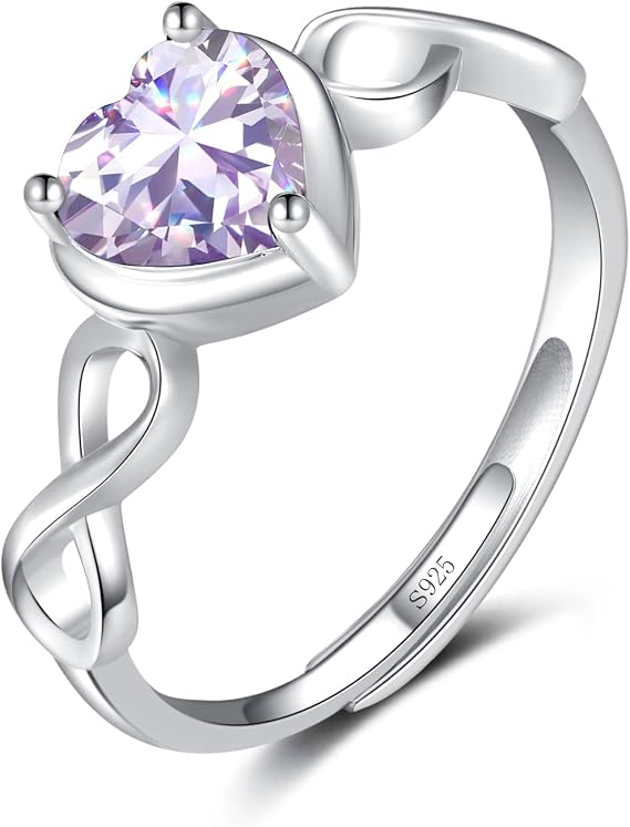 Qings Birthstone Adjustable Ring for Women 925 Sterling Silver Infinity Symbol Heart Cubic Zirconia Promise Wedding Open Ring Birthday Valentine's Day Christmas Jewellery Gifts for Wife Mother