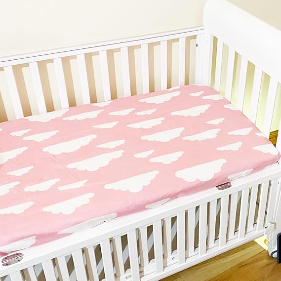 Odot Soft Cotton Cot Bed Sheets, Cartoon Bedside Cribs Fitted Sheets for Boys Girls, Newborn Bassinet Sheets, Baby Bed Sheets Stretch Edge Mattress Protector Easy Care (89x41cm,Cloud Pink)
