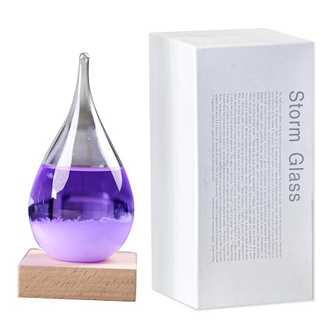 Purple Storm Glass Weather Forecaster, Small Teardrop Shape Weather Forecast Bottle with Wooden Base, Storm Glass Weather Station, Father's Day Gifts, High-Grade Home and Office Decoration (purple)