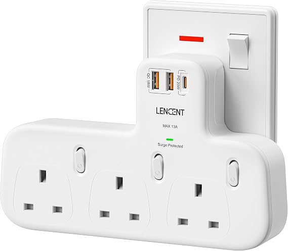 LENCENT Multi Plug Adaptor, Plug Extension Socket with 3 Fast Charge Ports