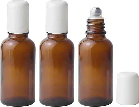 3 x 30 ml, boş kehribar renkli cam şişe, paslanmaz çelik rulo küreli, uçucu yağlar için doldurulabilir deneme kabı, parfüm, dudak balsamı