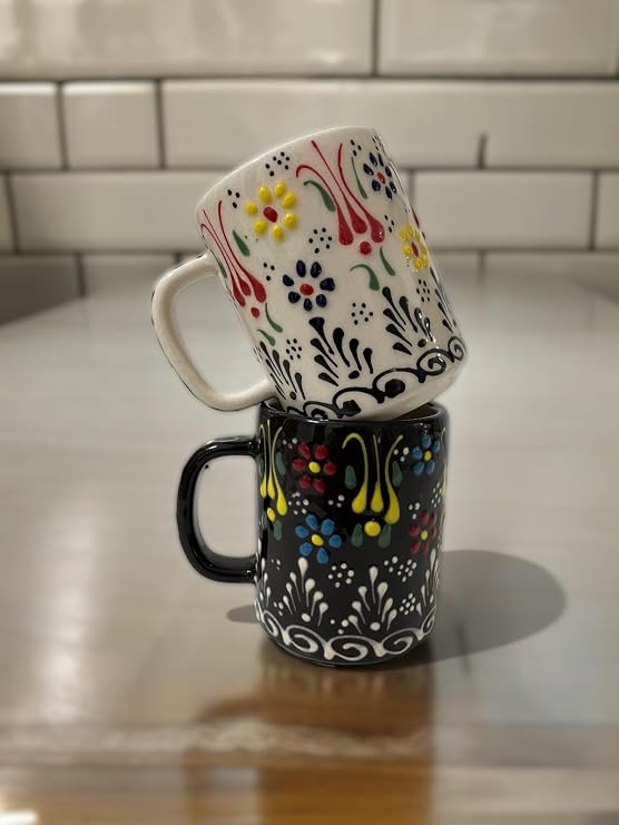 Dekoratif Çini İşlemeli Büyük Kupa, Kahve Fincanı, Ayran Bardağı, Meşrubat Bardağı Siyah Beyaz 2 Adet