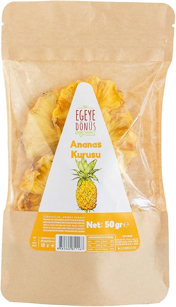 EGEYE DÖNÜŞ Şekersiz Ananas Meyve Kurusu Cipsi - 50 Gr. (Yüksek Aroma - Kokteyl Meyvesi - Katkı Koruyucu İçermez)