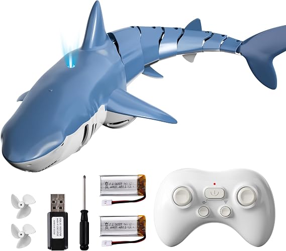 2.4GHz Remote Control Shark Toy for Pool, 1:18 Scale High Simulation RC Shark with Light & Spray Water, Electric Remote Controlled Swimming Toy Boat for 6 7 Year olds Kid Boys (Blue)
