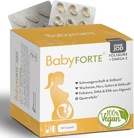 BabyFORTE Folic Acid without Iodine + Omega-3 Vegan with Algae Oil 17 Pregnancy Vitamins without Iodine + Quatrefolic 180 Capsules from 1st Trimester