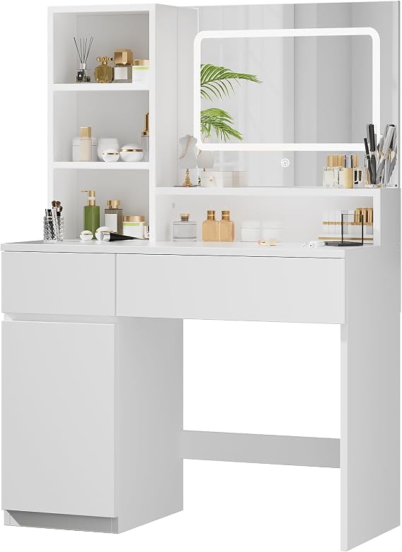 Devoko Dressing Table with LED Light,Vanity Table with Mirror,Adjustable Brightness,Makeup Desk with 2 Drawers,Open Shelves and Storage Cabinet,Modern White [Energy Class D]