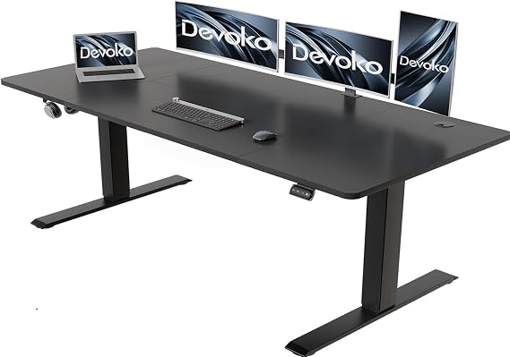 Devoko Height-Adjustable Desk 180 x 80 cm with Cable Tray, Electric Height-Adjustable Stable Standing Desk, Computer Desk 2-Function Memory, Ergonomic Standing Seat Table (Black)