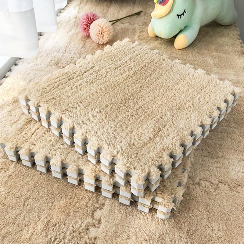 10 Pcs Interlocking Foam Mats, Camel Soft EVA Fuzzy Mat Flooring Carpet Tiles, Area Rugs, Felt Floor Mat Tiles for Yoga, Bedroom, 30x30x1 CM
