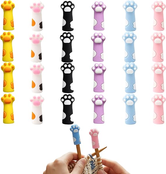 24 PCS Knitting Needle Stoppers, Colourful Knitting Accessories, Secure Stitch Protection During Breaks, Set of Four Black White Yellow Blue Pink Purple Needle Point Protectors for Craft Projects
