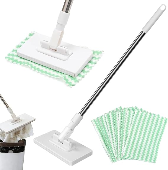 Snap Grip Mini Mop, Zero Touch Lazy Mop with One-Click Cloth Changing, Adjustable Locking Handle for Wet & Dry Mopping, for Floors, Walls, Windows & Tight Spaces, Includes 10 Reusable Cloths