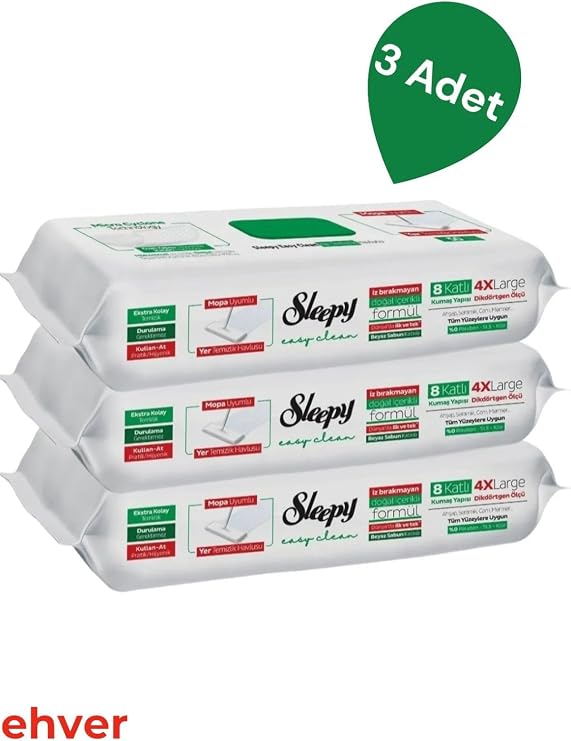 Sleepy 3'lü Easy Clean Beyaz Sabunu Katkılı Mopa Uyumlu Yer Temizlik Havlusu (150 YAPRAK)