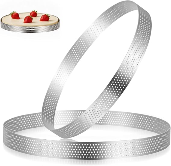 INOOMP 2pcs Round Stainless Steel Perforated Tart Rings 20cm 18cm – Mousse Cake Baking Molds for Oven Pastry Dessert Rings Sturdy Kitchen Set for Bakery and Home Use