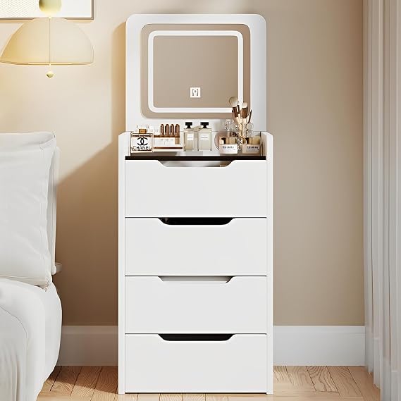 3 in 1 Dressing Table Dressing Table with Flip-top Mirror and LED Lights Dressing table with hidden ottoman Bedside storage cabinet Integrated Makeup Table for Small Spaces white Withlight23.6in