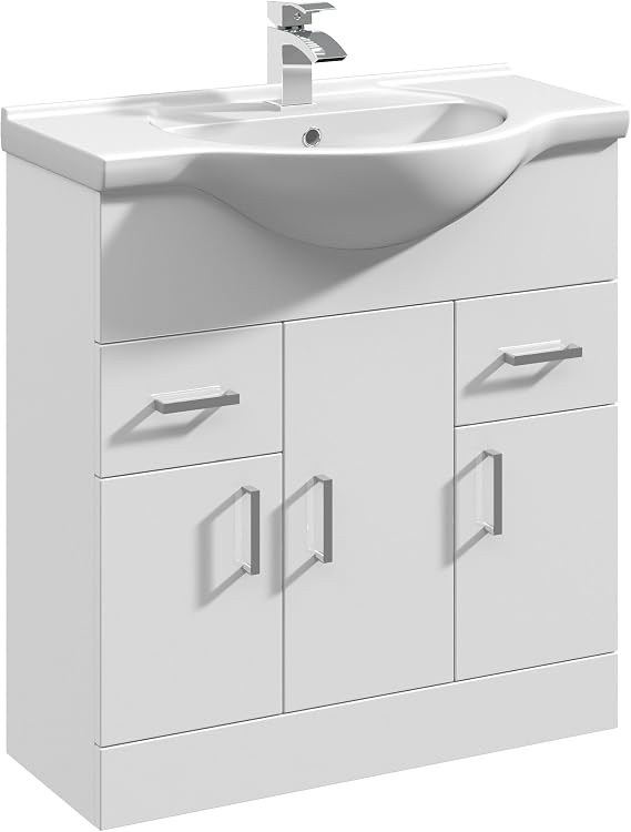 Balterley Vanity Unit with Basin Floor Standing, 3 Door 2 Drawer Soft Close with Curve Sink & Handle, Bathroom Vanity Units with Basin, Bathroom Sink Storage Cabinet - 755 x 485 x 836mm (White)