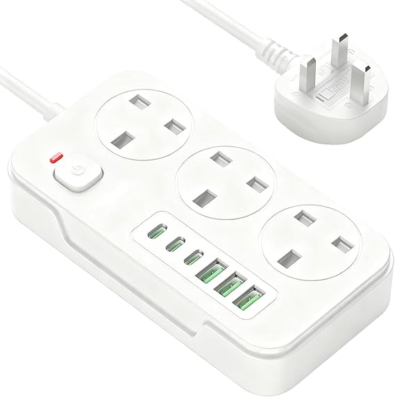 Extension Lead with 3 USB Slots (3.4A) and 3 C, 3 Way Plug Extension Socket Surge Protection Power Strip with 2M Extension Cable, 13A/3250W Switch Surge Protected Power Strips for Home -White