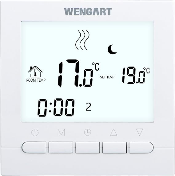 Wengart Heating Thermostat WG02B04,AC230V 3A Large Screen Sisplay,Key Operation,Weekly Programming, Compatible with Water Heating System,White