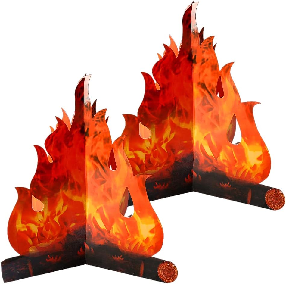 2-Pack 3D Cardboard Campfire Centrepieces – Decorative Paper Campfire with Jagged Flames & Artificial Torch for Party Decor, Easter & Themed Events