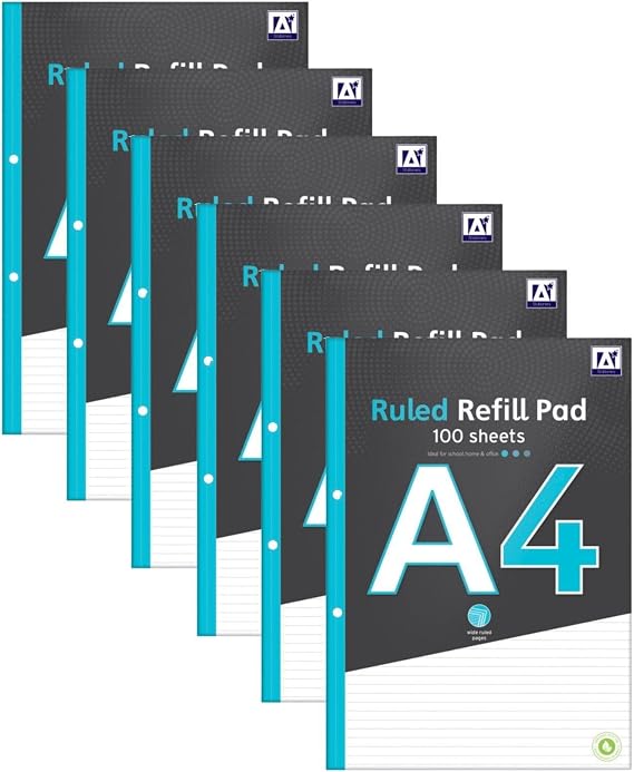 A4 Ruled Refill Pad Notebook Writing Paper - 6 Pack 100 Sheets Hole Punched Lined Note Paper - Work Office School College Notepad - Folder Binder Ready Study Filing - 100% Recyclable