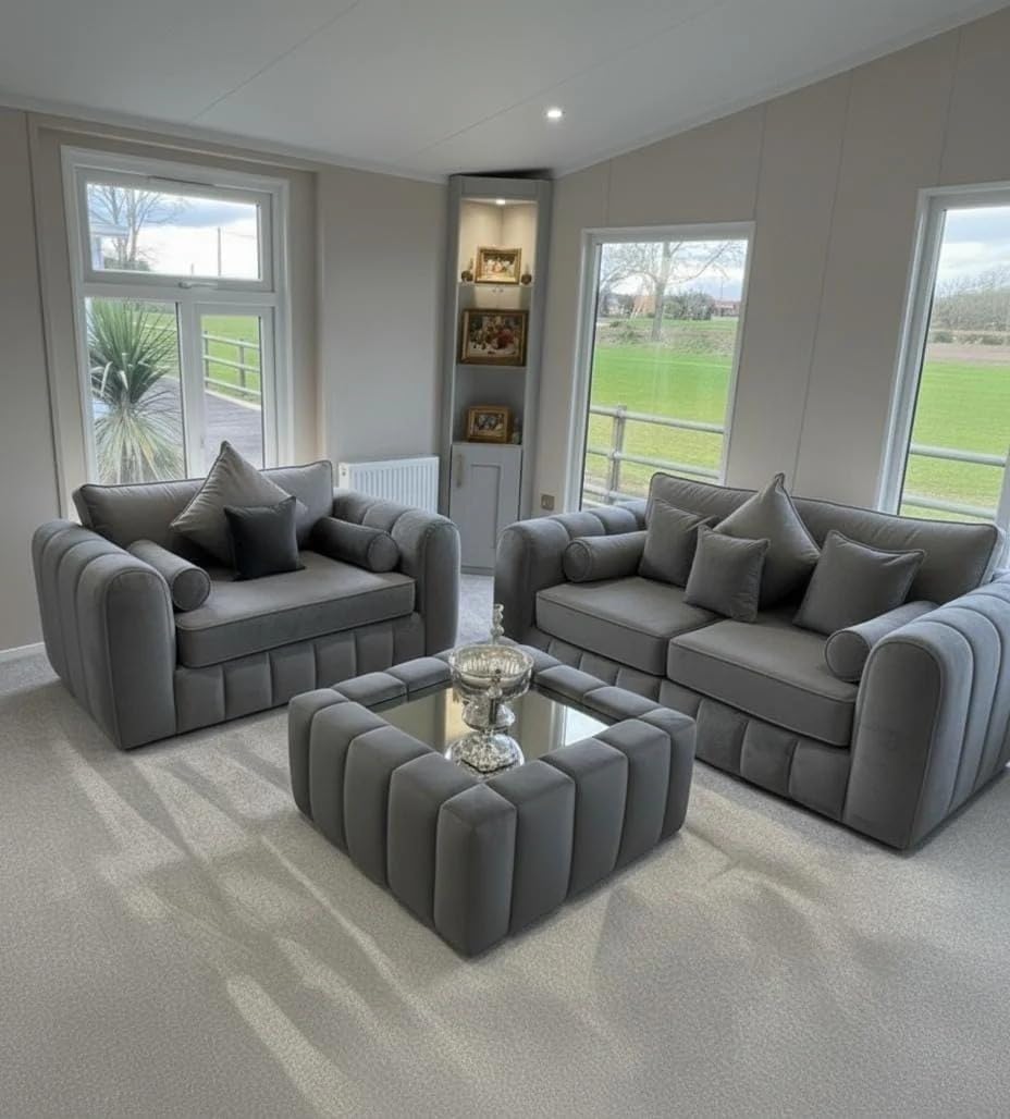 3 + 2 Seater Lilly Sofa Set for Living Room with Free Coffee Table | Comfortable Fabric Sofa Set | Modern Design | Available in Cream Pebbal Grey (Grey)