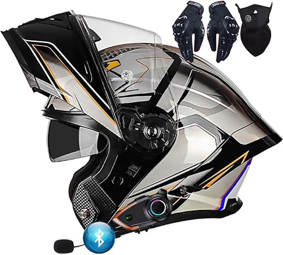 Bluetooth Intercom Flip Up Front Motorbike Helmets ECER 22.06 Approved Modular Motorcycle Helmet Dual Pinlock Anti-fog Visors Full Face Helmet Lightweight for Men Women M~XXL