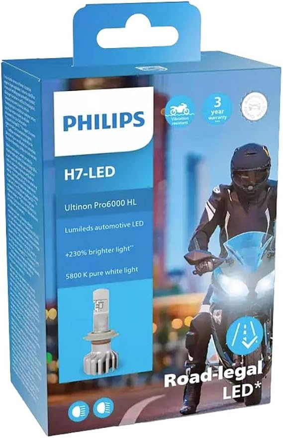 Philips Ultinon Pro6000 H7 LED Motorcycle Headlight Bulb, Street Legal, +230% Brighter Light, 5800 K