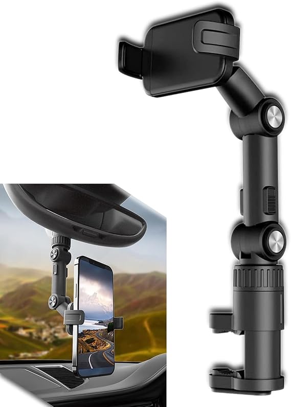 ZKFAR 1 PC Car Phone Mount Holder, 360 Degrees Adjustable Phone Cradle, Rear View Mirror Video Shooting Bracket, Multifunctional GPS Phone Mount, Universal Multi-Scene Telescopic Car Mount (Black)