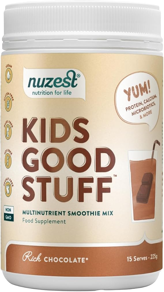 Nuzest - Kids Good Stuff - Vegan Smoothie Mix - Rich Chocolate - Multivitamin Nutritional Supplement Protein Shake for Children - Dairy Free - Supporting Growth and Development - 225g (15 Servings)