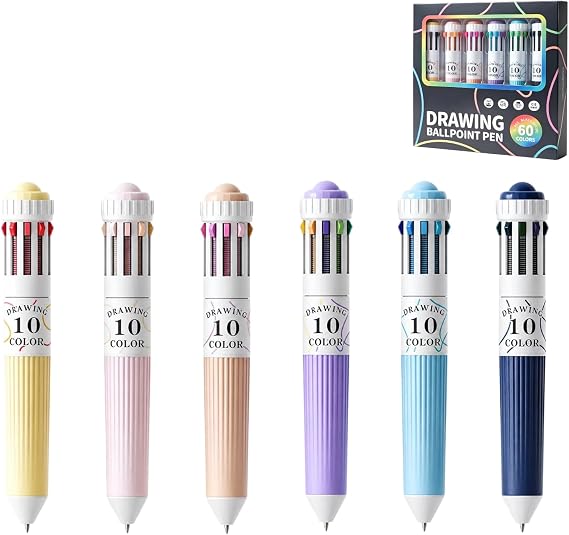 6 Pcs 10-in-1 Multicoloured Pen Set Coloured Ballpoint Pens with 0.8mm Bullet Tip Cute Retractable Coloured Pens Pack Perfect Art Supplies for Writing Drawing Journaling School Office Art Supplies