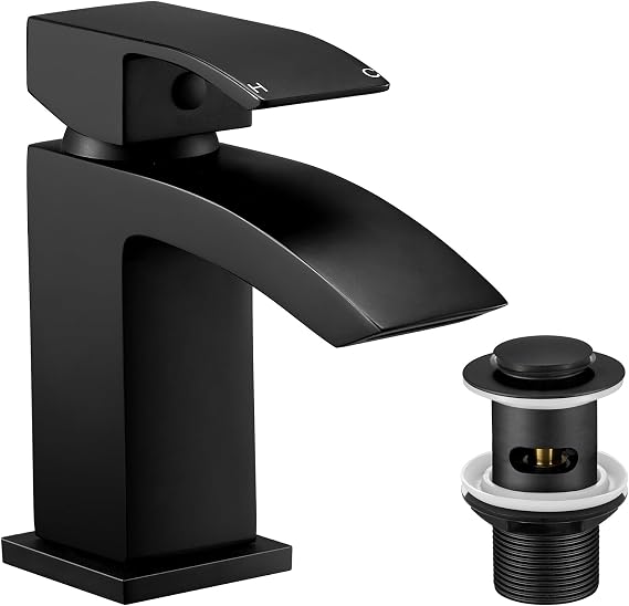 Hapilife Basin Taps Mixer Waterfall with Pop-up Waste Black Bathroom Sink Taps Mixers Square Matte Black Mono Cloakroom Faucet Monobloc 1 Hole with Slotted Waste Click Clack Single Lever
