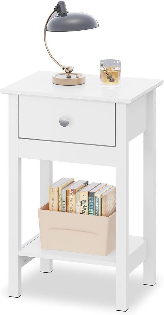 WLIVE Bedside Table with Drawer and Shelf, Wooden Bedside Cabinet, White