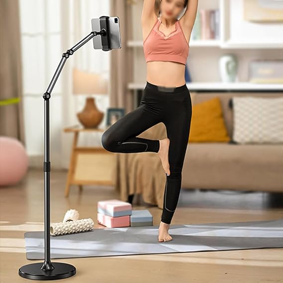Tablet floor stand with adjustable folding tablet arm for 4-13 inch electronic devices