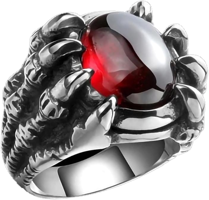 Men's Dragon Claw Ring, Gothic Punk Alloy Red Gem Jewellery