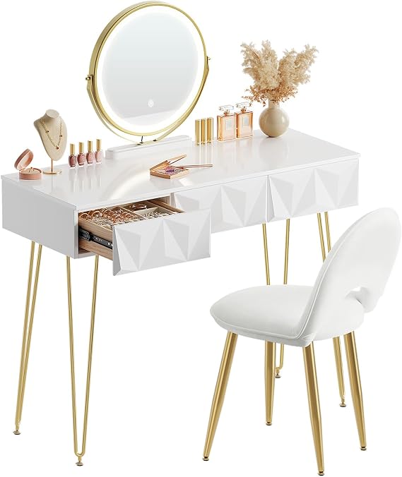 EUGAD Dressing Table with LED Light, Velvet Stool, 3 Drawers, Quick