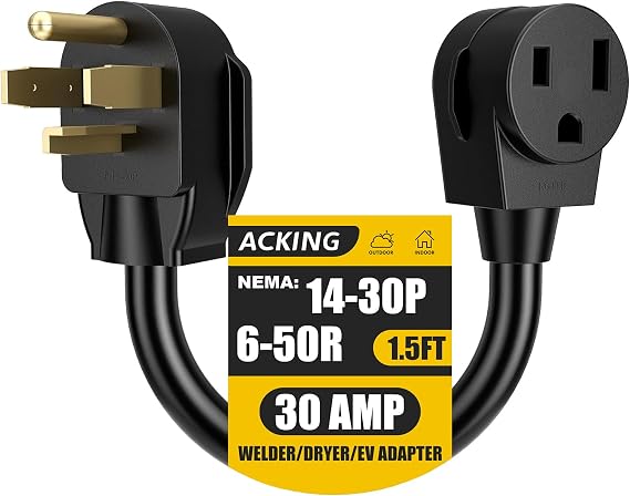 ACKING Welder Adapter Generator Cord 4 Prong Nema 14-30P to 3 Prong 6-50R 240 V Welder Dryer EV Charger Adapter Power Cord Adapter Heavy Duty STW 10AWG x 3C 250V 12500 Watt