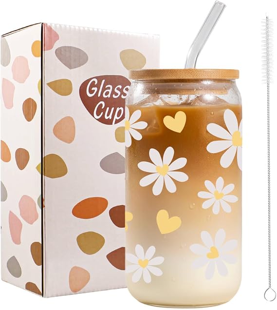 Daisy Ice Coffee Cup, Sunflower Gifts for Women Girls, 16oz Cute Glass Cups with Lids and Straws for Birthdays, Thanks Gift, Sister, Best Friend, Cocktails, Summer Party