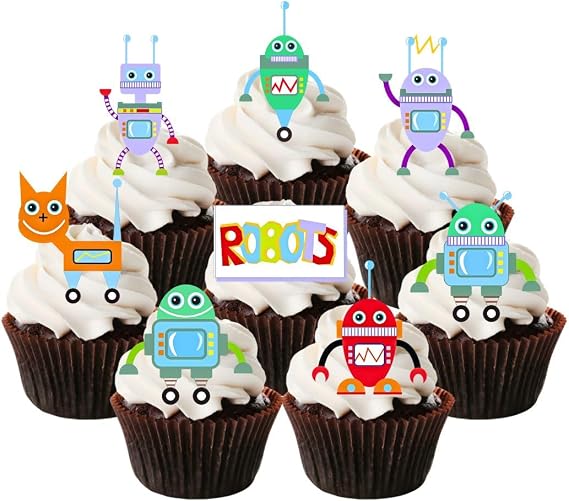 Robots Theme Edible Cupcake Toppers - Stand Up Wafer Cake Decorations PRECUT (Pack of 24)