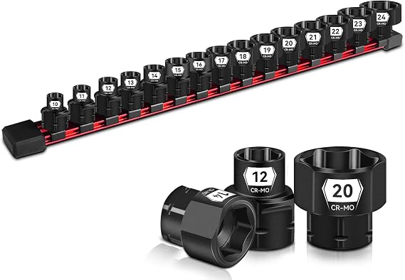 ZHAX 15ピース 1/2インチ ドライブメトリック ロープロファイル ナノインパクトソケットセット 10-24mm、Cr-Mo、6ポイント、狭いスペース用のスタビーソケットセット