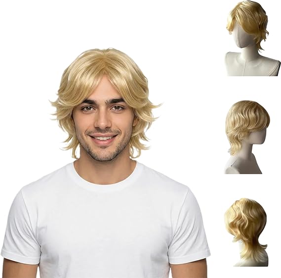 Blonde Wig for Men 70s 80s Fancy Dress Wig Mullet Wig (Blonde)