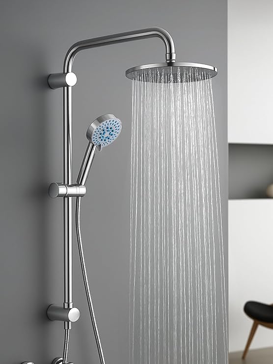 CROWNSHOP Round Shower Set Twin Head Rainfall Riser Rail Handheld Kit