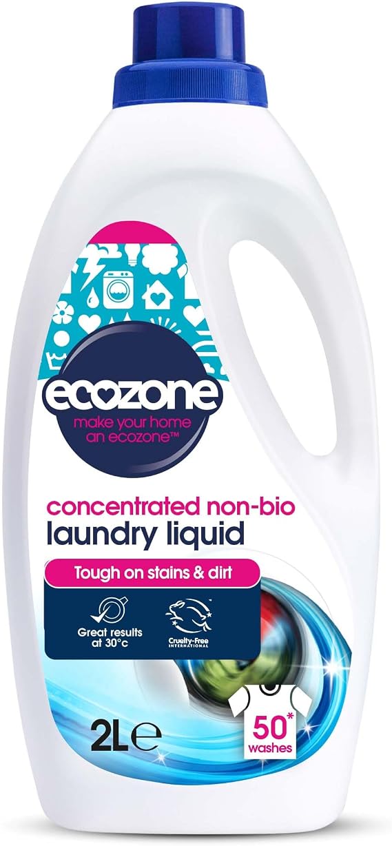 EcoZone Ultra Concentrated Laundry Liquid, Non Bio Detergent, Washing Machine Clothing Stain Removal & Cleaning Solution, Natural Vegan & Non Toxic, Eco Friendly, Gentle on Skin, 50 washes (2L)