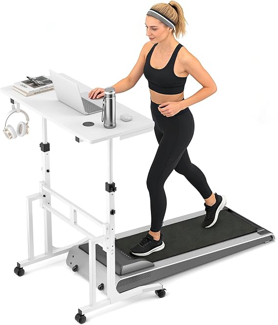 ikkle Standing Desk with Wheels, 34 Inch Height Adjustable Treadmill Training Table, Mobile Sit Stand Up Desk, Rolling Desks Computer Table for Indoor Cycling Trainers, Treadmill, Walking pad (White)